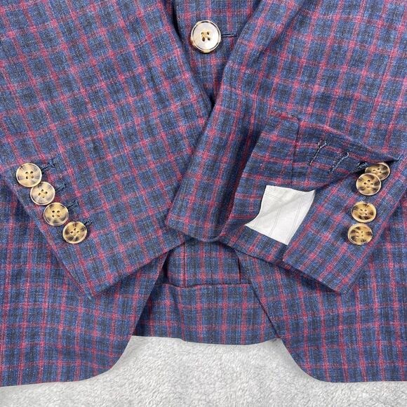 Scabal Blazer Men’s 40R 100% Pure Linen Jacket Blue Red Plaid Surgeons Cuffs - Picture 7 of 16